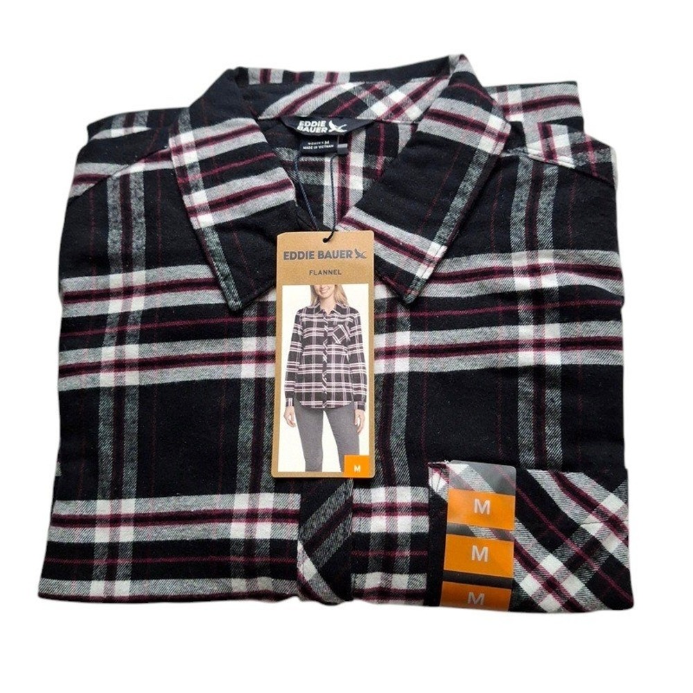 Eddie Bauer Shirt M Black Plaid Button-Up Cotton Tencel Flannel Classic New